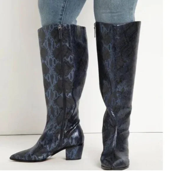 Eloquii Women Navy Glimmer Faux Croc Embossed Boots Size 9W Wide Calf